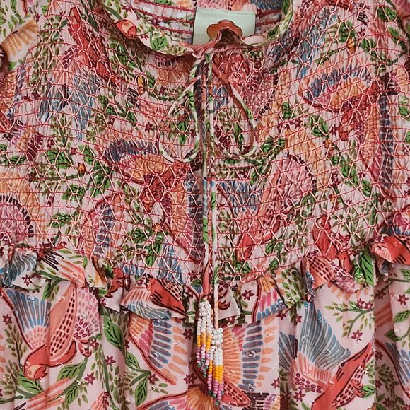 FARM Rio Pink Floral Macaw Print Puff Sleeve Midi Dress Size M - Picture 6 of 17